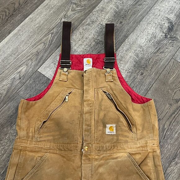 Carhartt Overalls R38 BRN Duck Brown Insulated Lined Double Knee Bibs Mens 38x32 - Picture 3 of 10